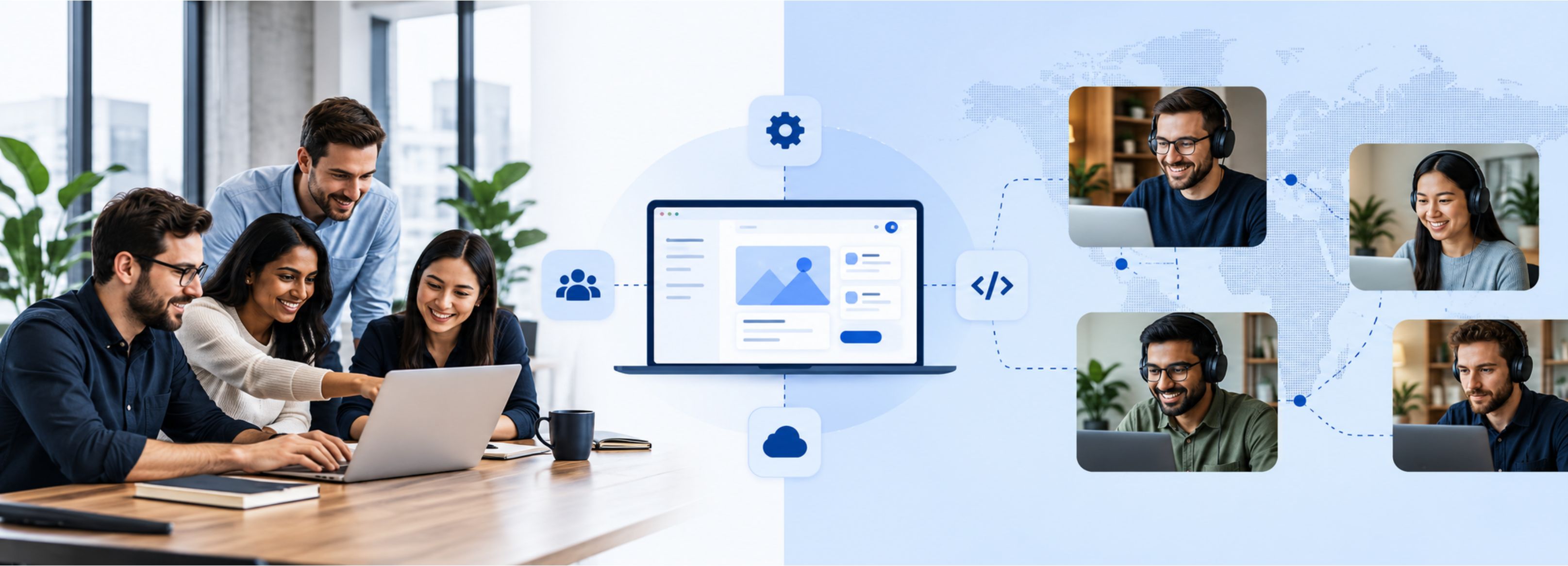 Illustration comparing an in-house engineering team and an outsourced team working on the same digital product.