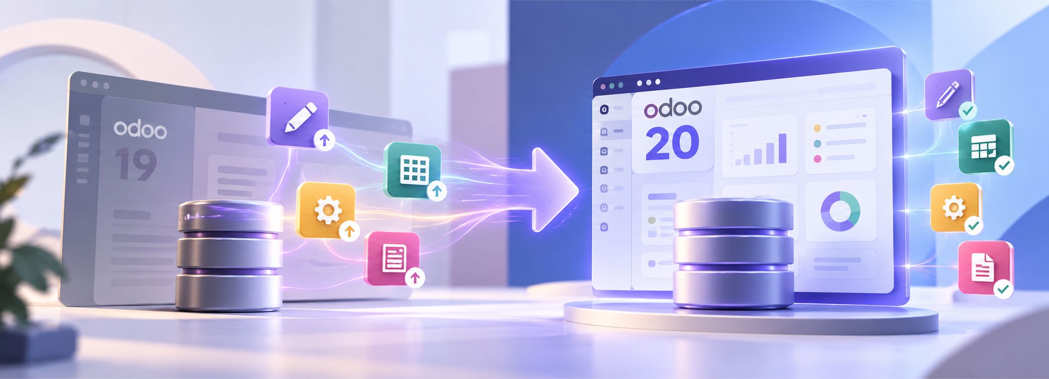 Odoo 20 upgrade with database migration and Studio customization compatibility.