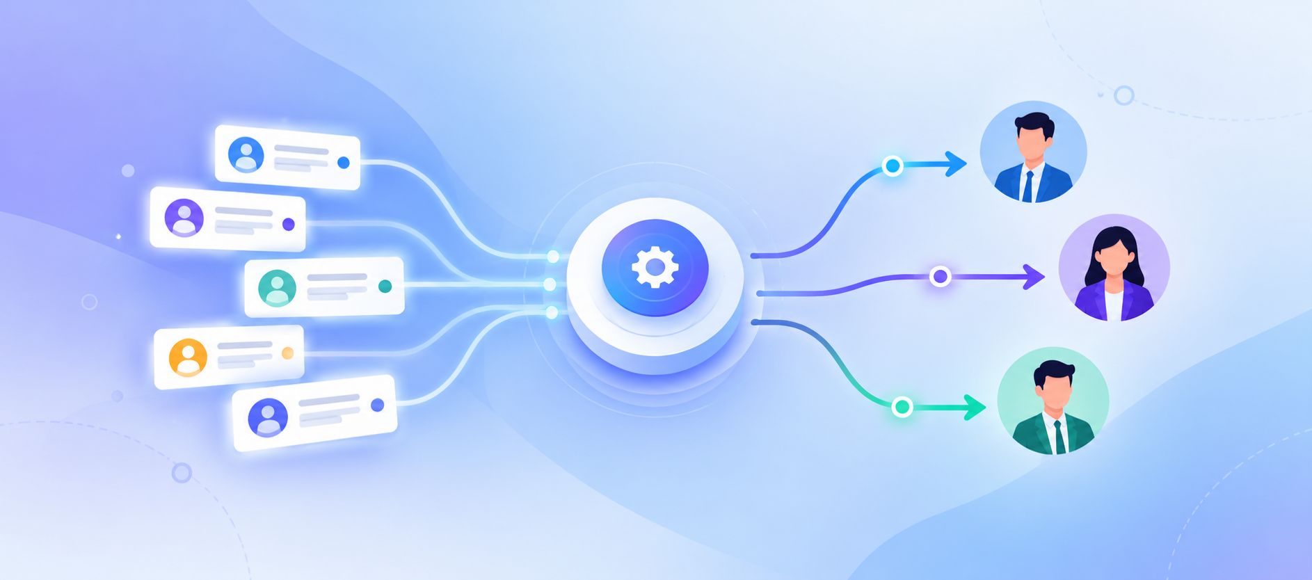Illustration of incoming leads flowing through a central hub and routed to three salespeople in Odoo 20 CRM