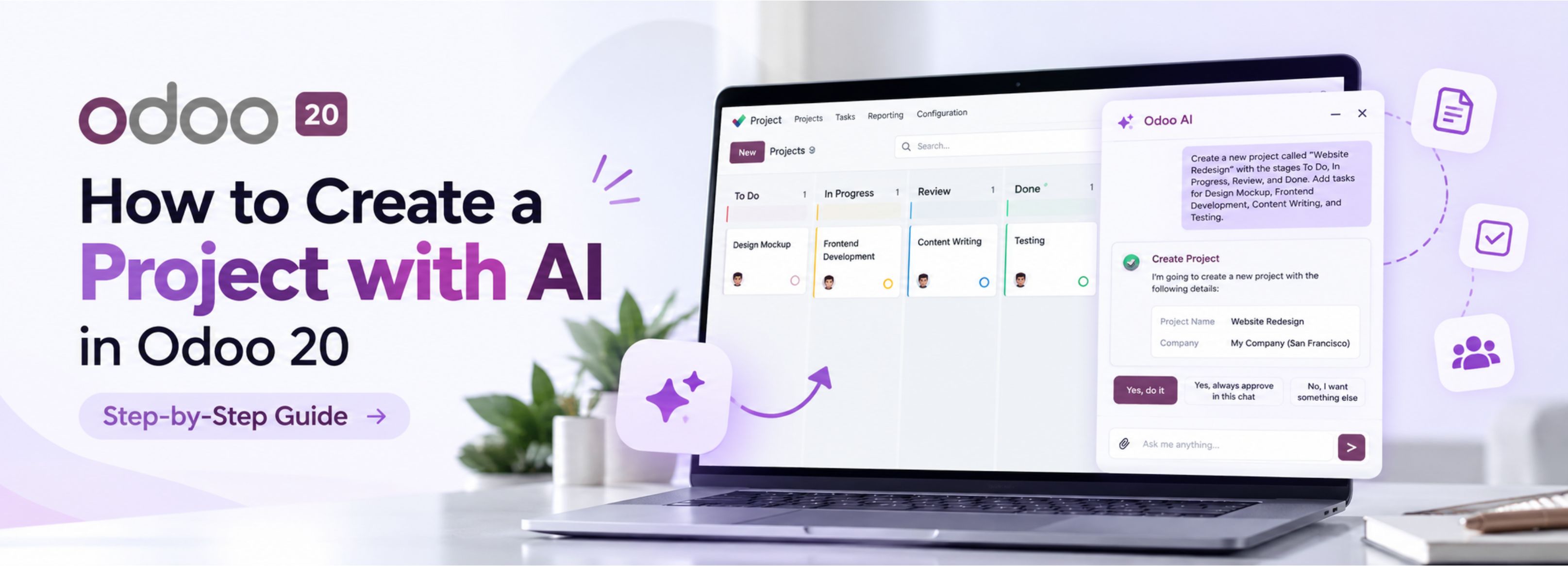 How to create a project with AI in Odoo 20 using the AI assistant and project management dashboard.