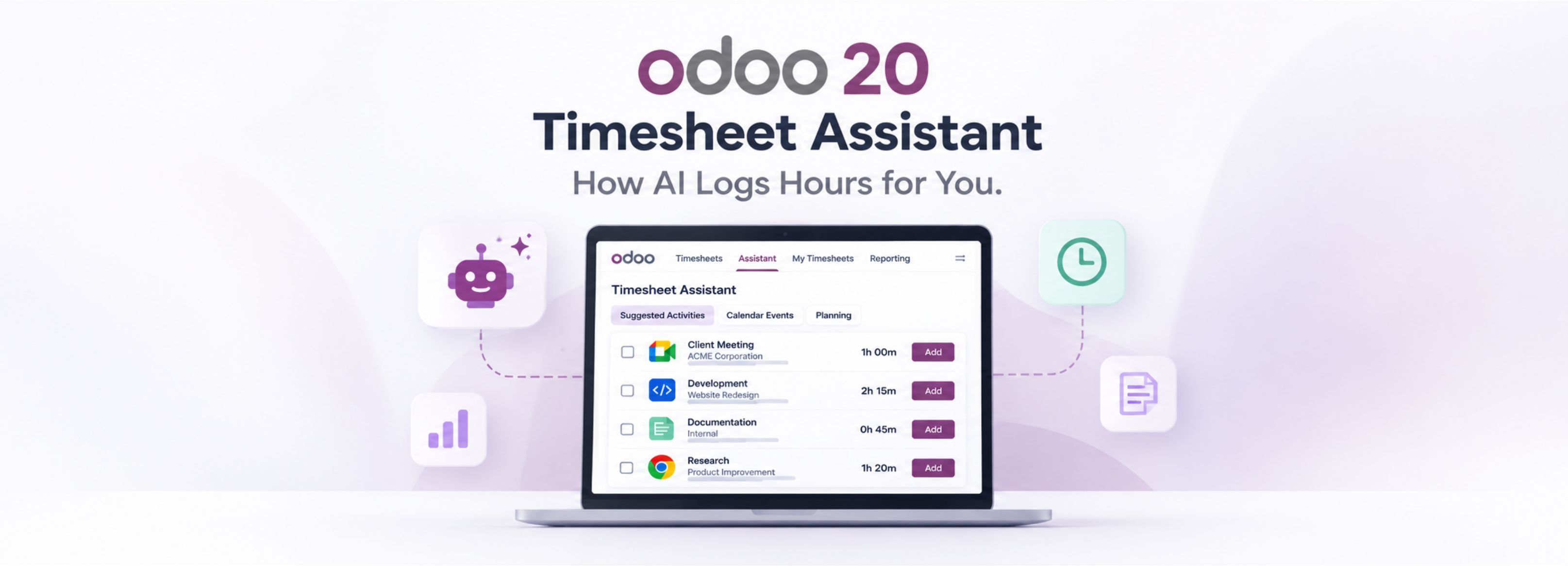 Odoo 20 Timesheet Assistant interface showing AI-powered timesheet suggestions, activity durations, and time-tracking features.