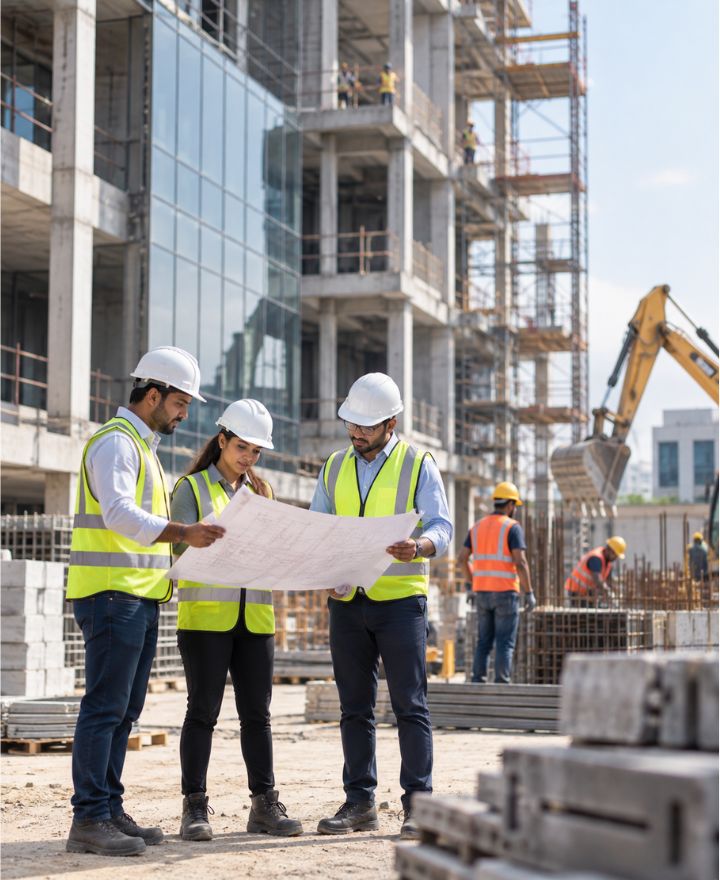 Construction project site with engineers and contractors